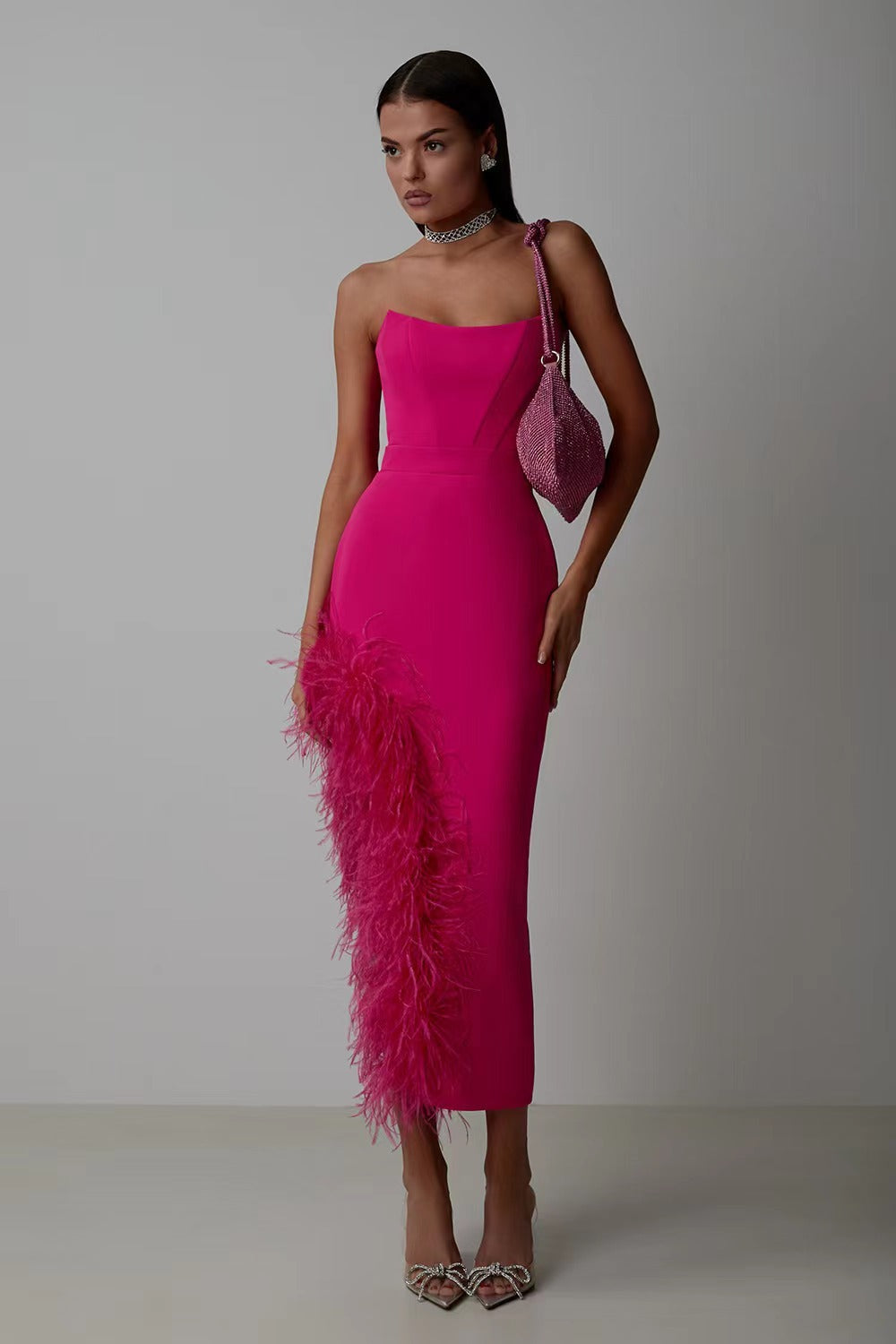 Liora High-Waist Feathered Sleeveless Cocktail Midi Dress