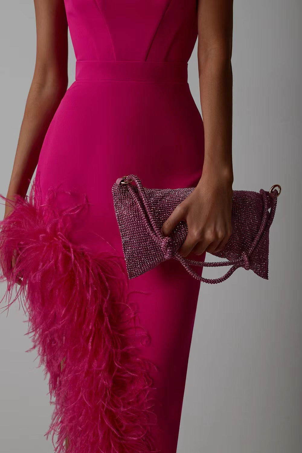 Liora High-Waist Feathered Sleeveless Cocktail Midi Dress