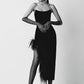 Liora High-Waist Feathered Sleeveless Cocktail Midi Dress