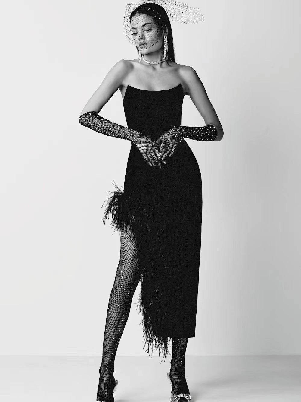 Liora High-Waist Feathered Sleeveless Cocktail Midi Dress