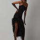 Liora High-Waist Feathered Sleeveless Cocktail Midi Dress
