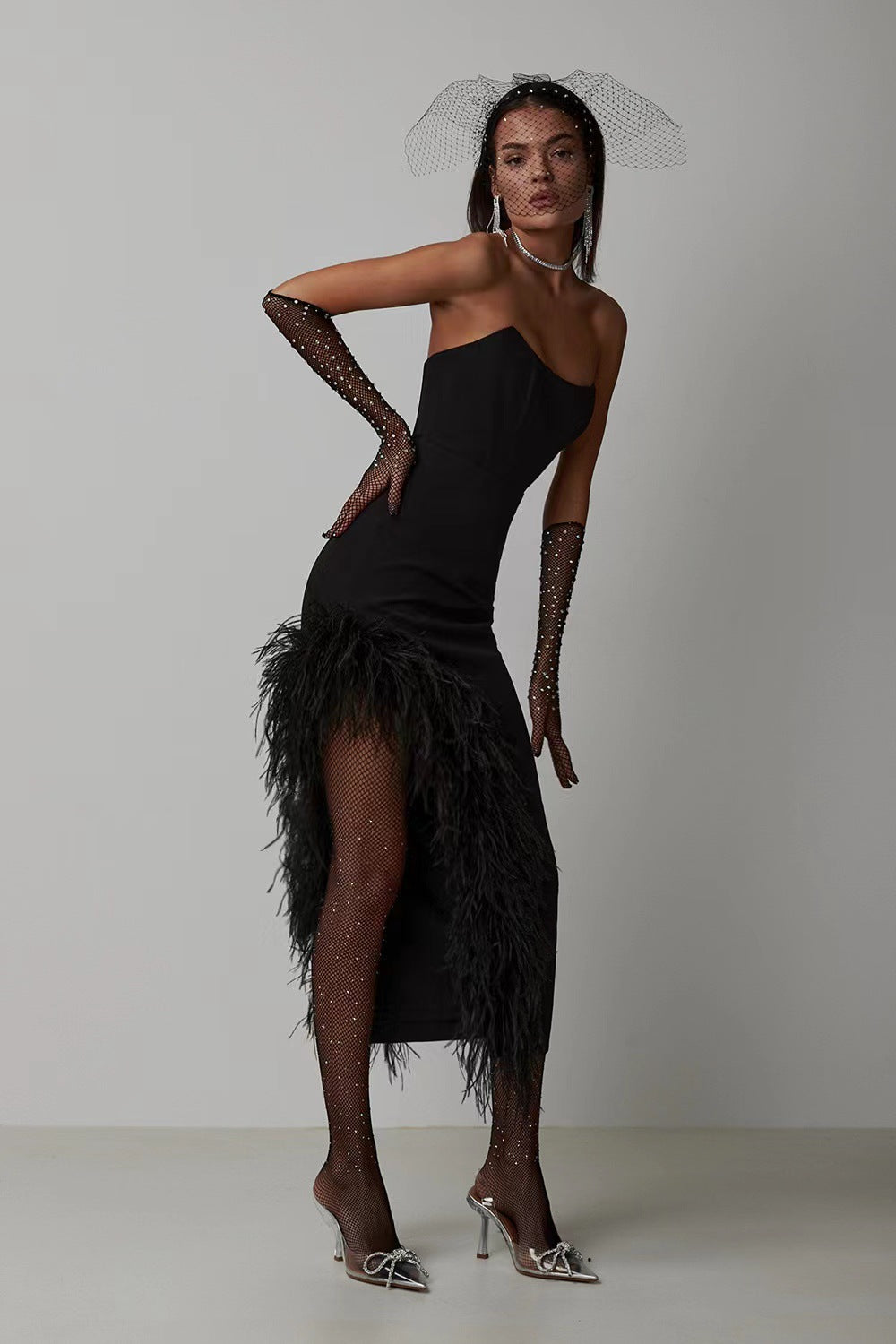 Liora High-Waist Feathered Sleeveless Cocktail Midi Dress