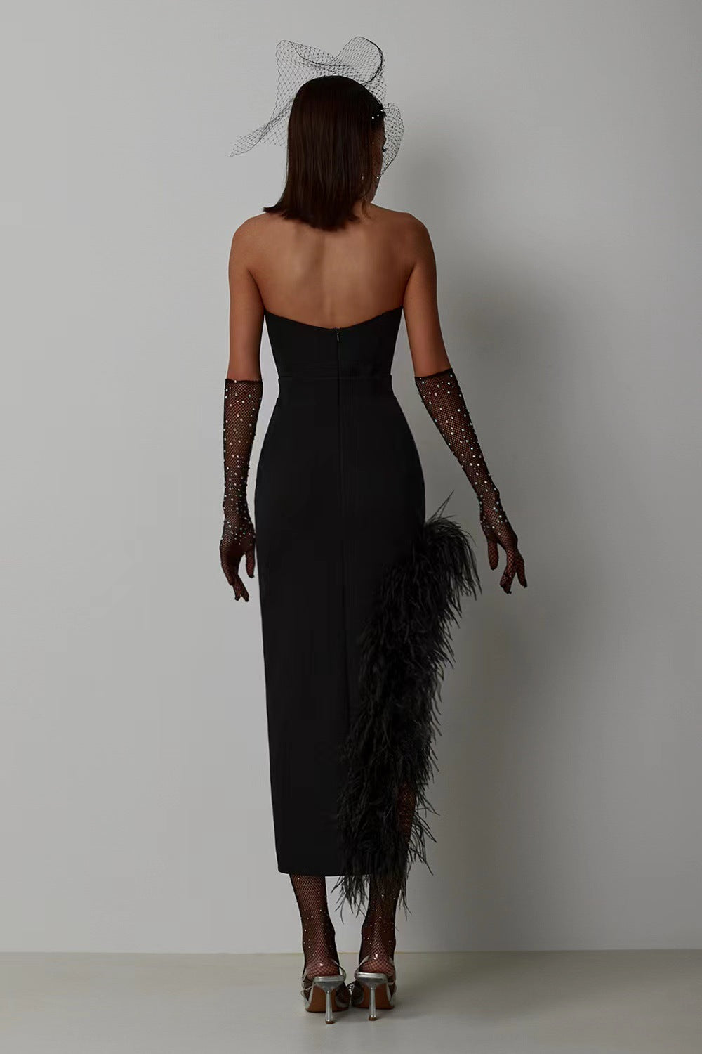 Liora High-Waist Feathered Sleeveless Cocktail Midi Dress
