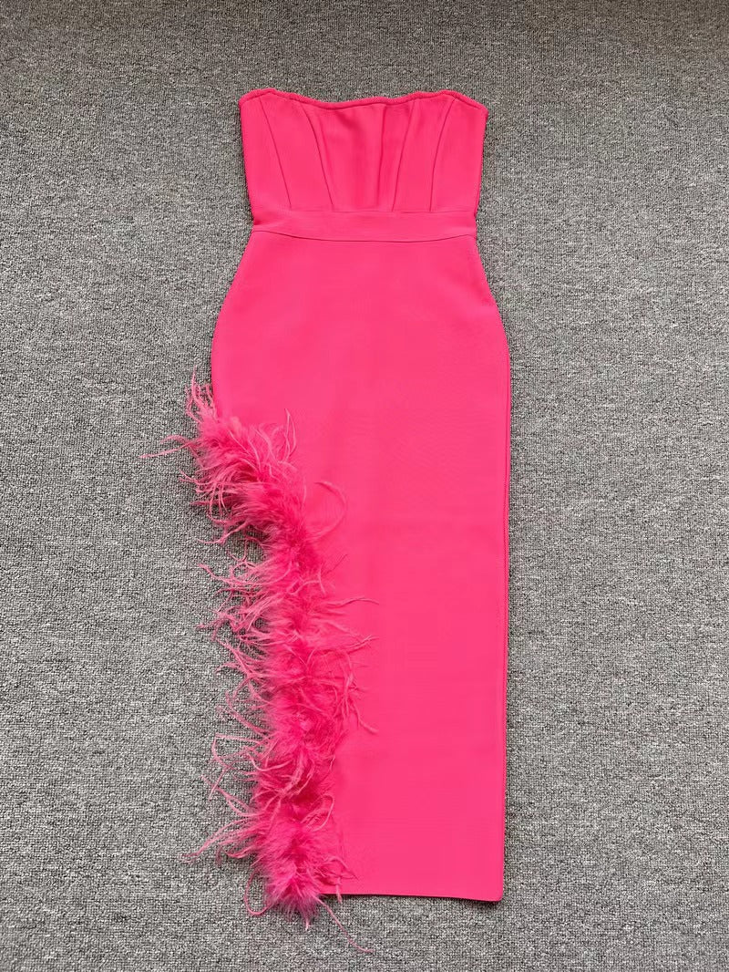 Liora High-Waist Feathered Sleeveless Cocktail Midi Dress