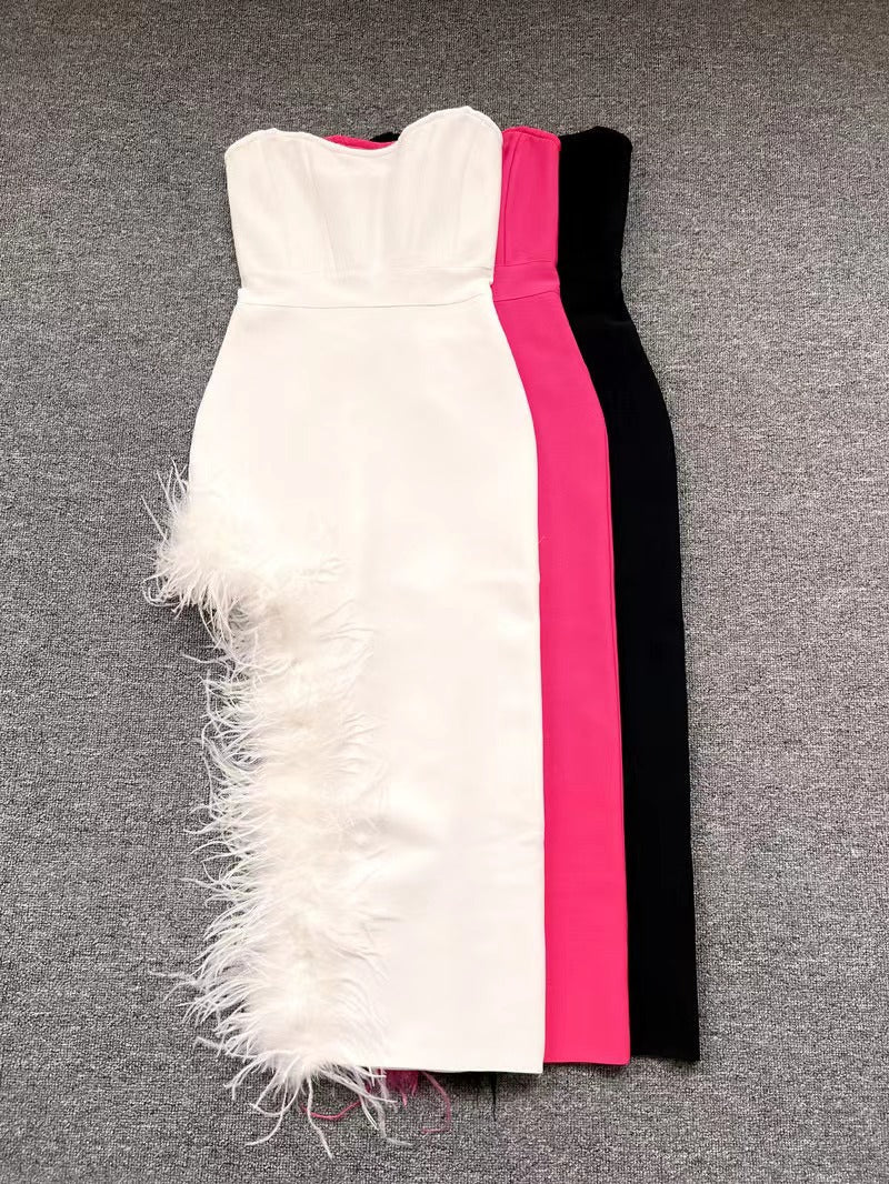 Liora High-Waist Feathered Sleeveless Cocktail Midi Dress