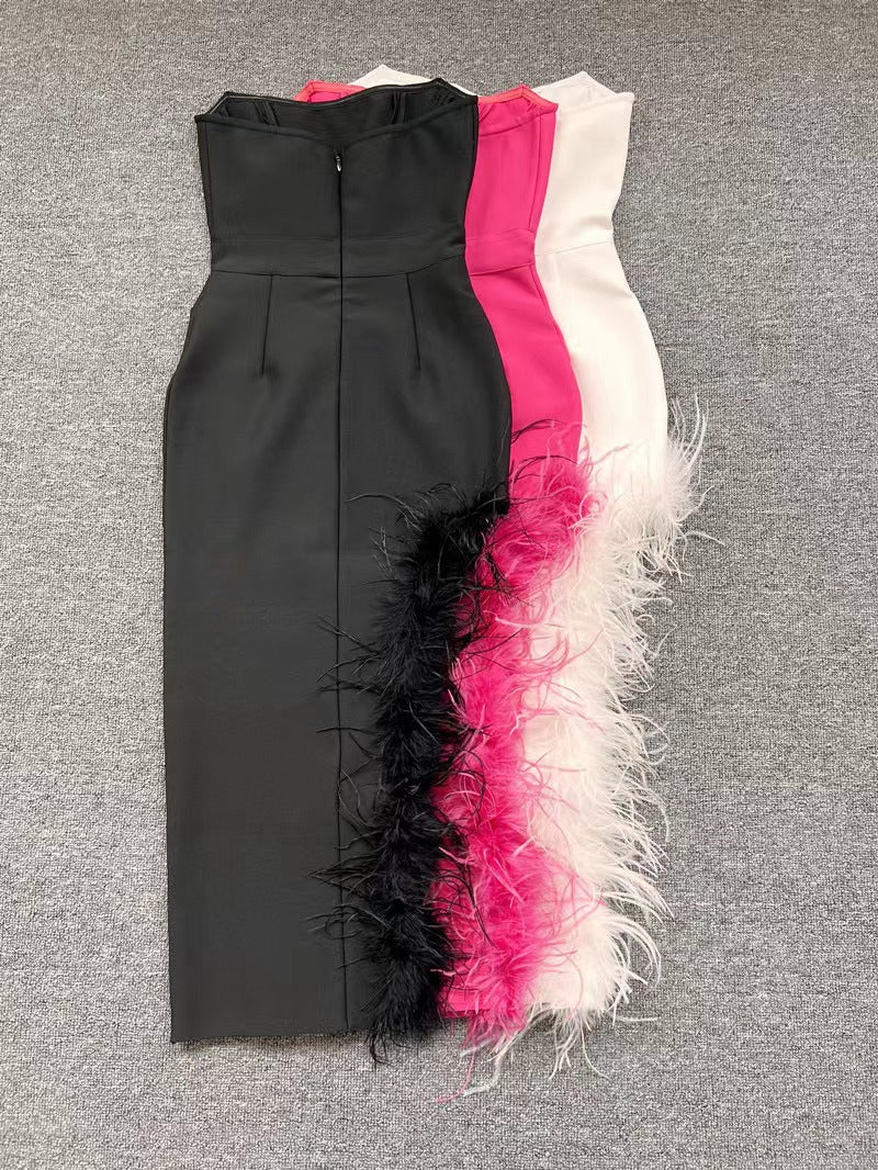 Liora High-Waist Feathered Sleeveless Cocktail Midi Dress