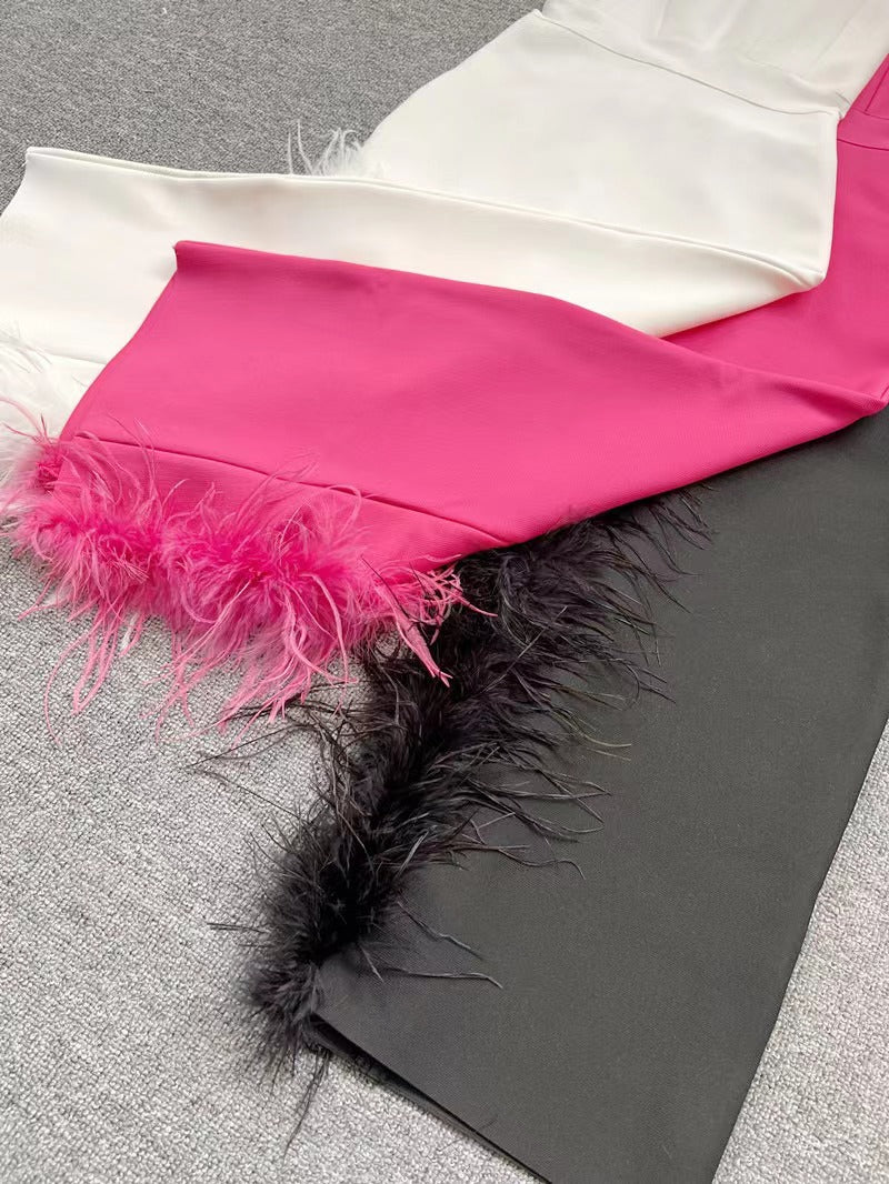 Liora High-Waist Feathered Sleeveless Cocktail Midi Dress