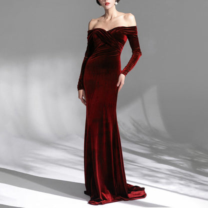 Serena Velvet Evening  Off Shoulder Dress