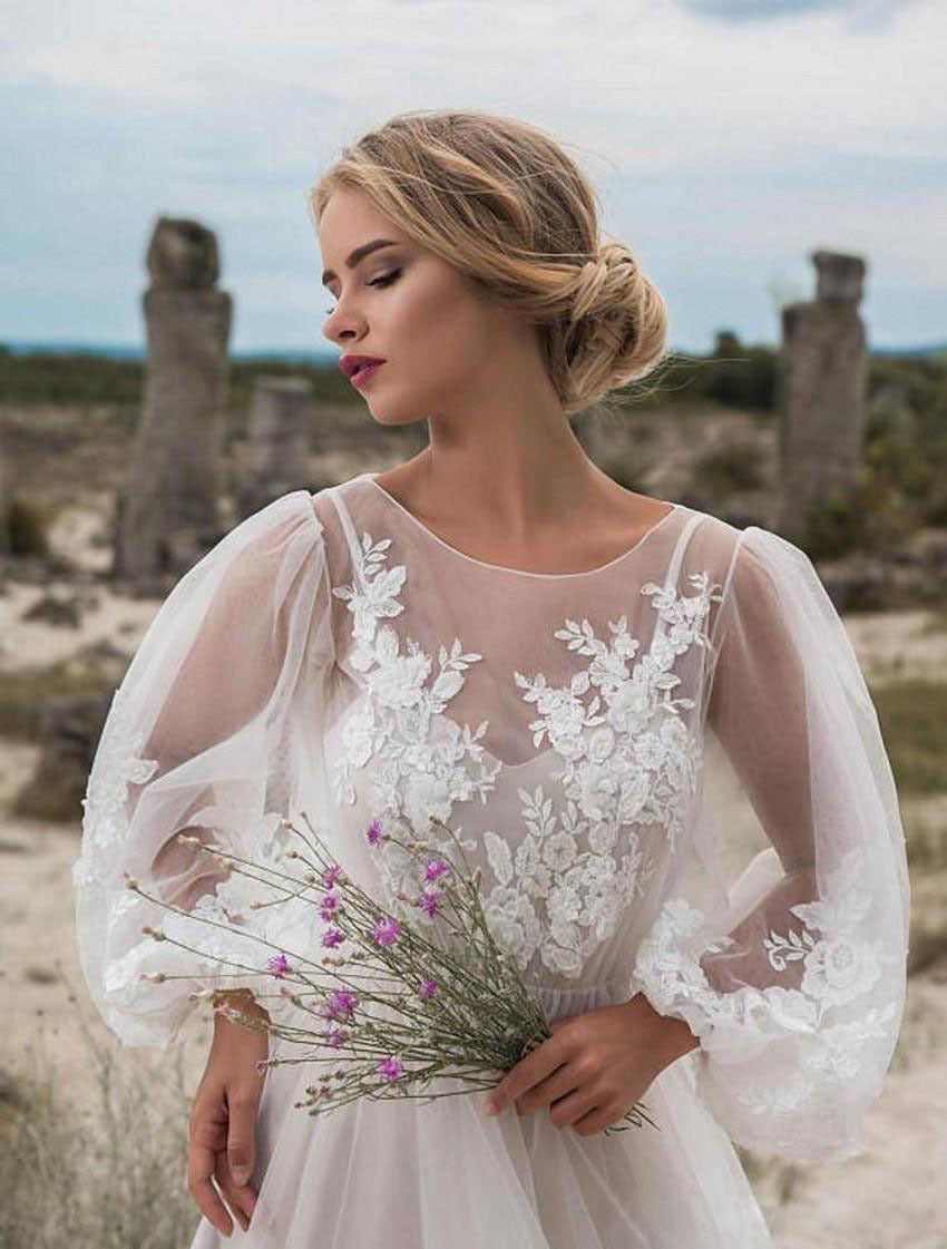 Isabella Puff Sleeve Embroidered Mesh Bridal Dress
