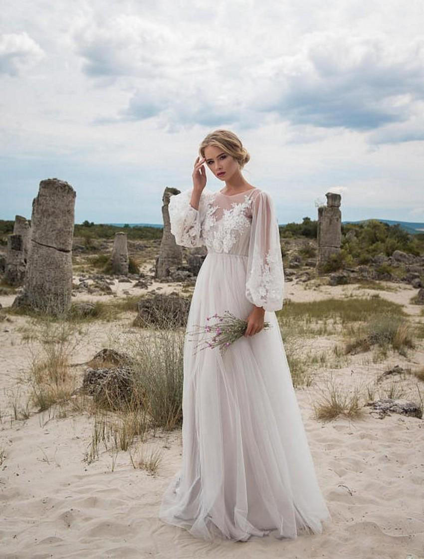 Isabella Puff Sleeve Embroidered Mesh Bridal Dress