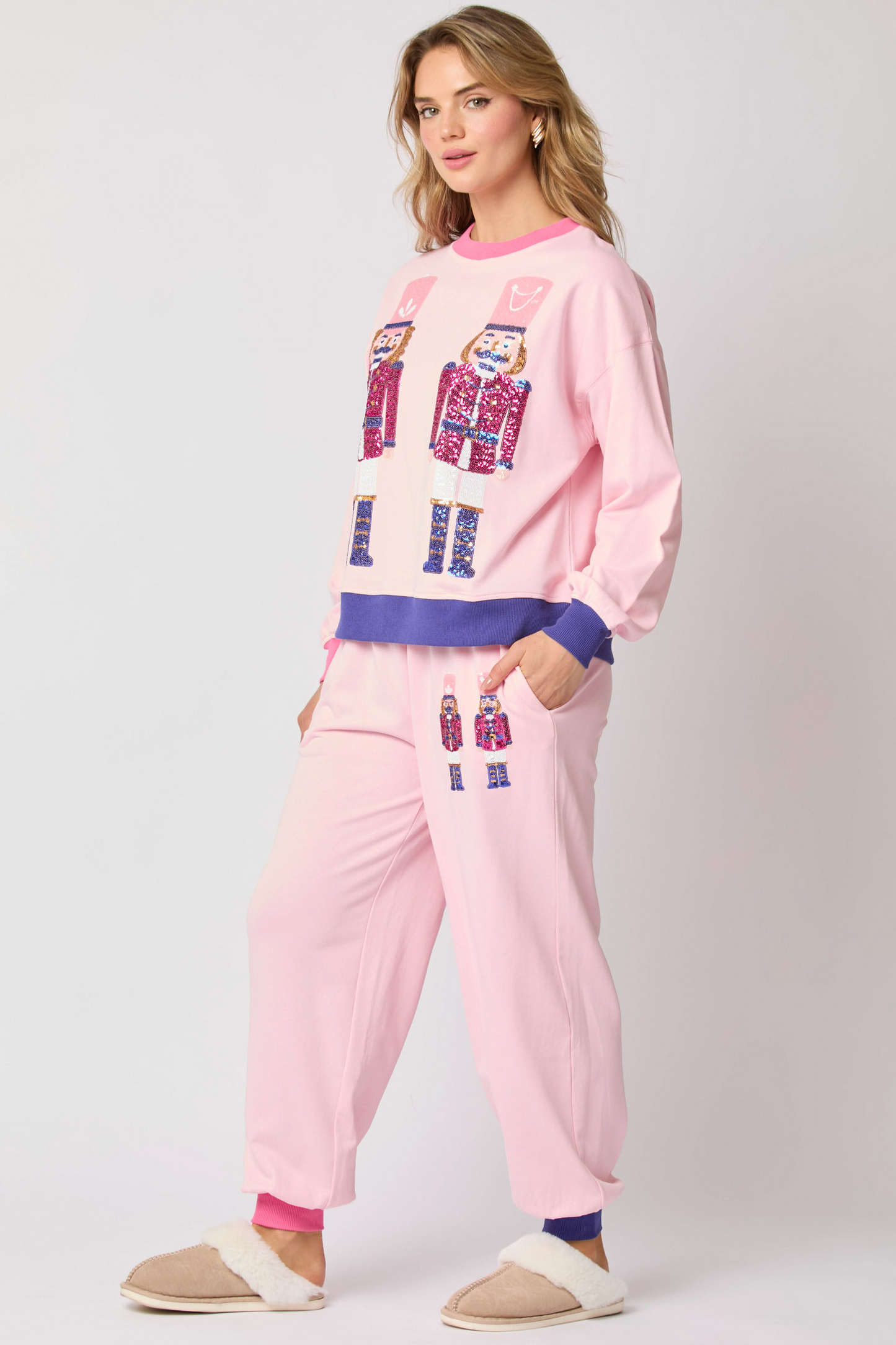 Women Clothing Autumn Winter Christmas Soldier Color Blocking Sequin Casual Sweater two piece set Suit