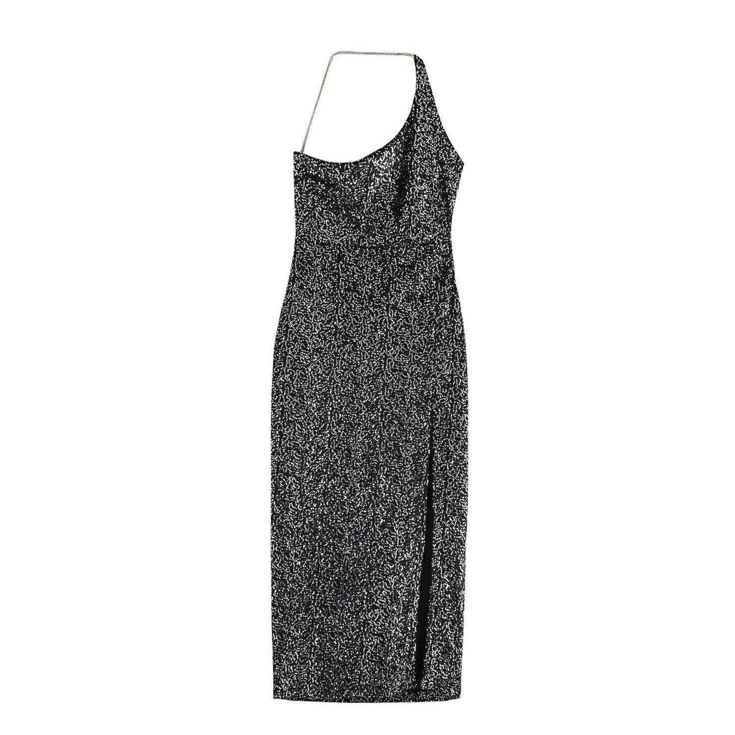 Sexy Women One Shoulder Slit Thigh Sequ Formal Wear Dress