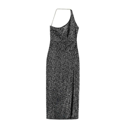 Sexy Women One Shoulder Slit Thigh Sequ Formal Wear Dress