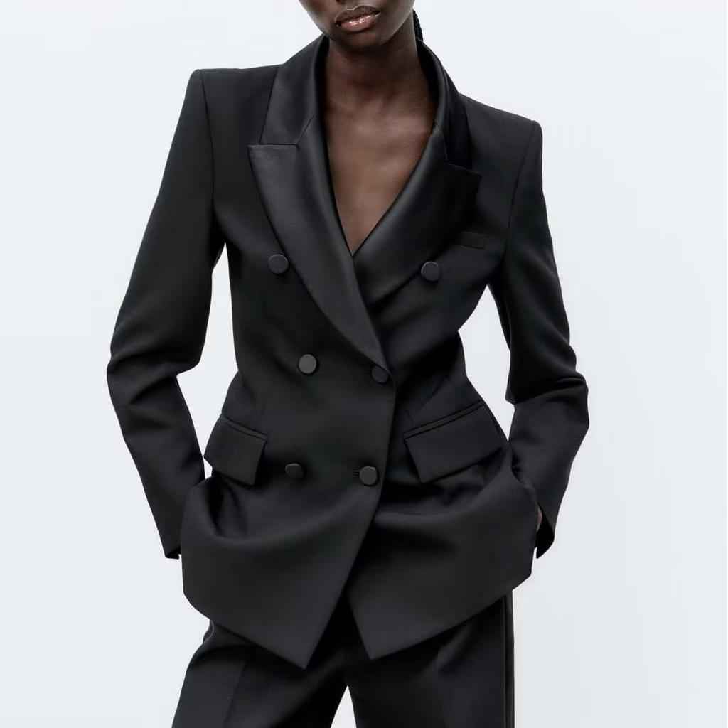 Double Breasted Design Silk Satin Padded Shoulder Long Sleeve Women Spring Autumn Coat Women Clothing