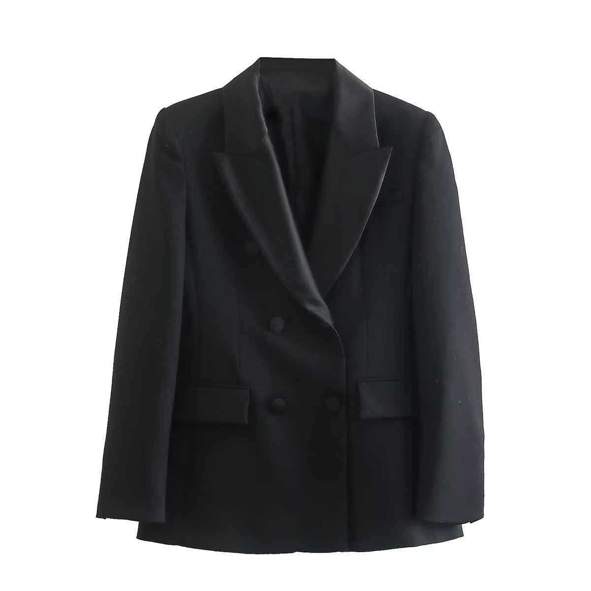 Double Breasted Design Silk Satin Padded Shoulder Long Sleeve Women Spring Autumn Coat Women Clothing