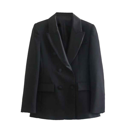Double Breasted Design Silk Satin Padded Shoulder Long Sleeve Women Spring Autumn Coat Women Clothing