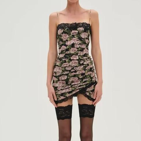 Rosalia Lace Rose Print Asymmetric Casual Cami Dress