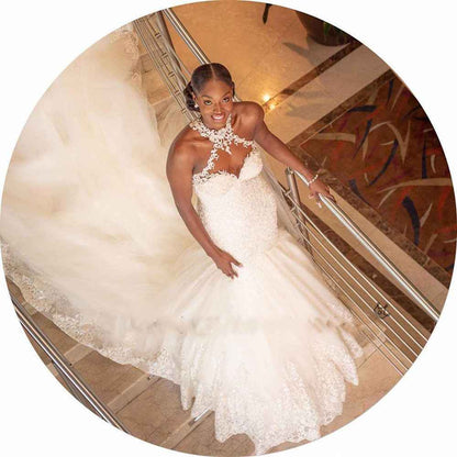 Vintage Lace Beaded Wedding Dresses Sheer Neck Mermaid Bridal Dresses Wedding Gowns