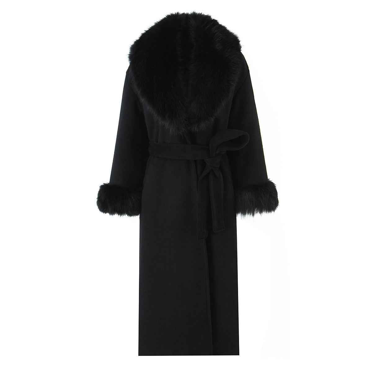Big Fur Collar Belt Woolen Coat Women Winter Sexy Black Long Trench Coat - Morgione Collective Big Fur Collar Belt Woolen Coat Women Winter Sexy Black Long Trench Coat - Morgione Collective