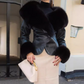 Women Clothing Autumn Winter Big Fur Collar Waist Controlled Short Jacket Leather Coat