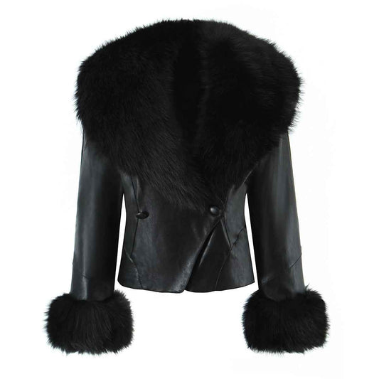 Women Clothing Autumn Winter Big Fur Collar Waist Controlled Short Jacket Leather Coat