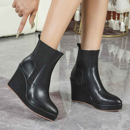 Autumn Winter Thick Bottom Wedge Martens Boots Leather round Head Slip on Short Tube Single Layer Boots