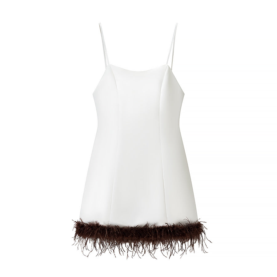 Women Clothing Summer Feather Silk Satin Texture Short Strap Dress