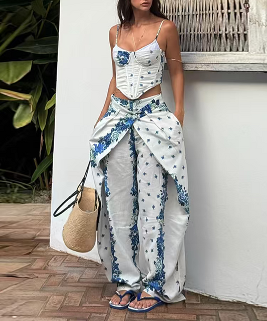 Bella Blue White Printed Top and Trousers Two Piece Set