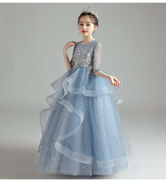 Children Dress Princess Dress Girl Girl Host Evening Dress in elegant blue with ruffled layers and sparkling details.