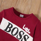 Letter Print Long Sleeve Boy Suit in red with 'Little BOSS' design on cotton fabric.