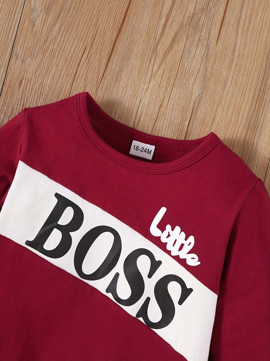 Letter Print Long Sleeve Boy Suit in red with 'Little BOSS' design on cotton fabric.