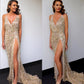 Sexy Women Clothing V neck Backless Slit Sling Gold Sequ Dress Maxi Dress Summer