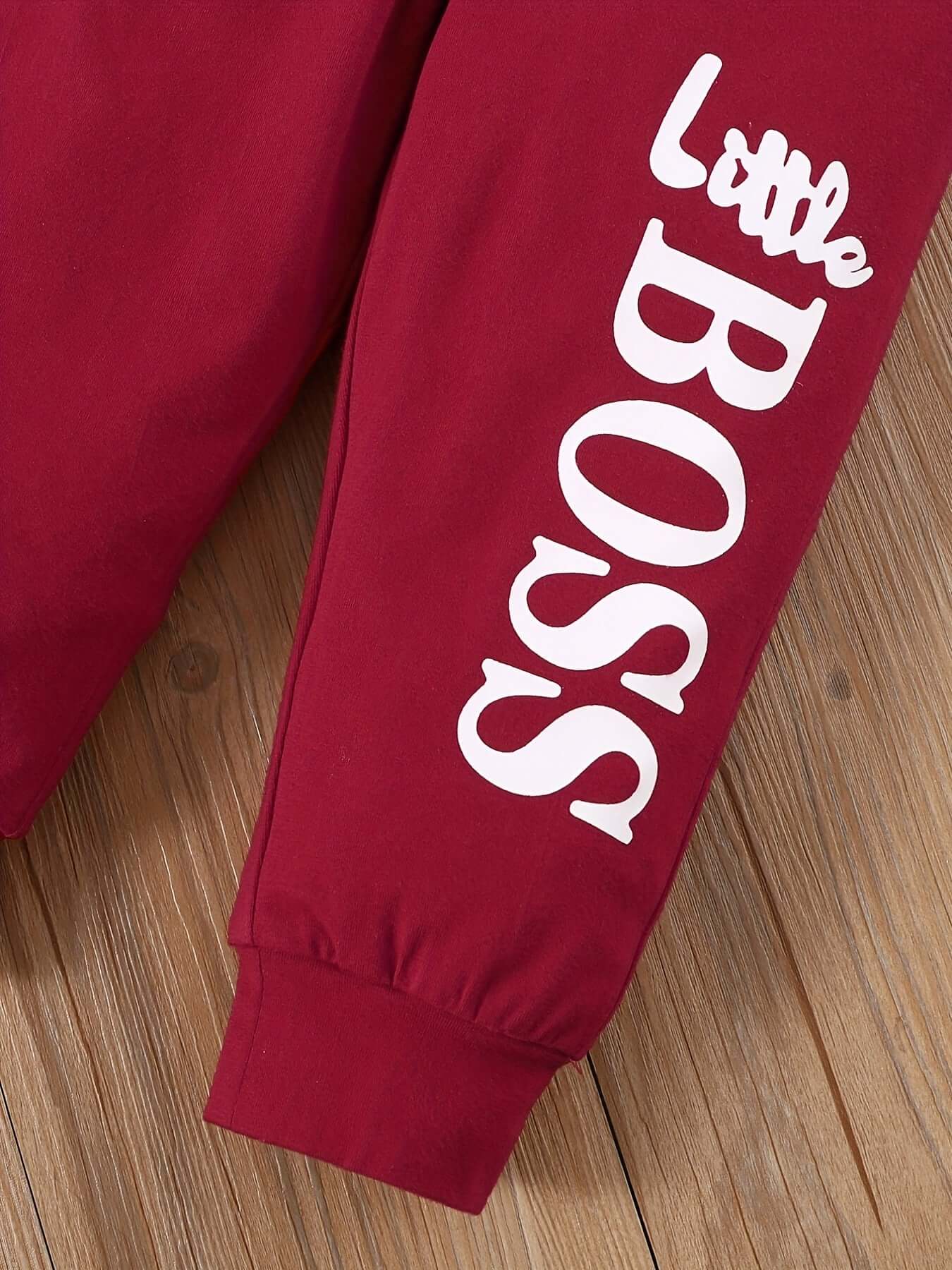 Letter Print Long Sleeve Boy Suit in red with 'Little BOSS' graphic on sleeves.