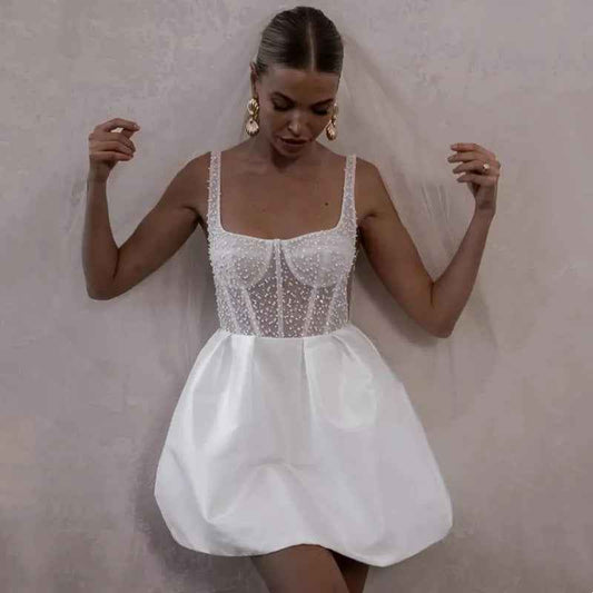 Ginevra Mini Wedding Dress Backless A- Line Dress Banquet
