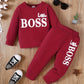 Letter Print Long Sleeve Boy Suit in red featuring 'Little BOSS' design with matching pants and stylish shoes.