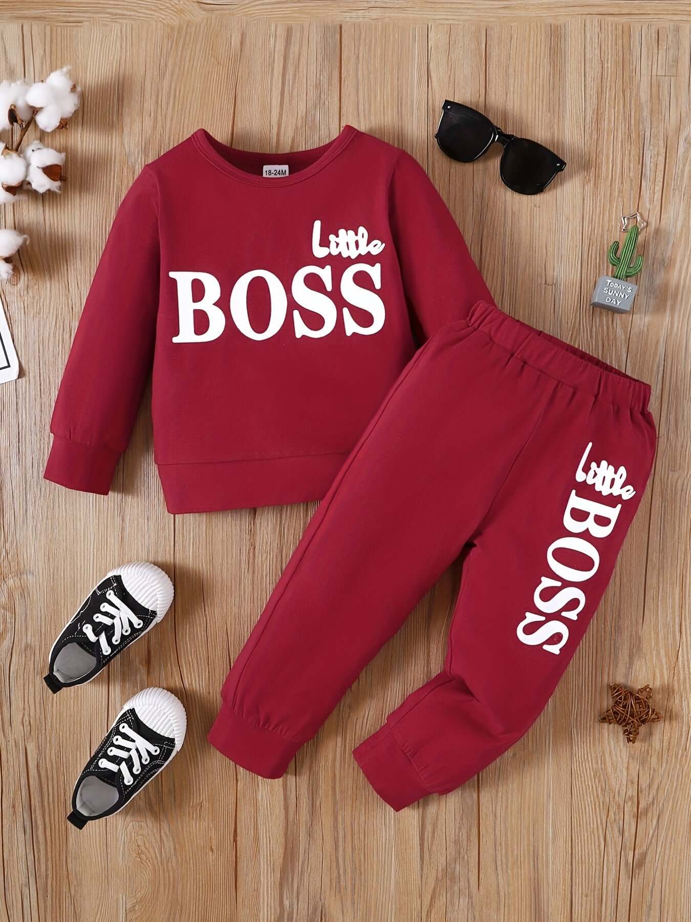 Letter Print Long Sleeve Boy Suit in red featuring 'Little BOSS' design with matching pants and stylish shoes.