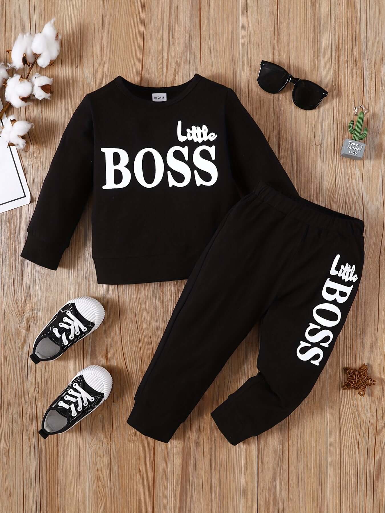 Letter Print Long Sleeve Boy Suit in black featuring sweatshirt and pants with 'Little BOSS' print.