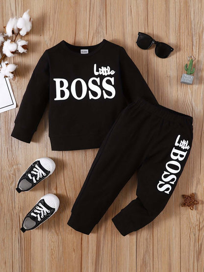 Letter Print Long Sleeve Boy Suit in black featuring sweatshirt and pants with 'Little BOSS' print.