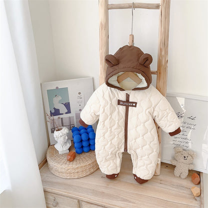 Baby's Winter Clothes Cotton Padded Clothes With Velvet Thickened One-Piece Clothes For Boys Cute Crawling Clothes For Going Out In Winter