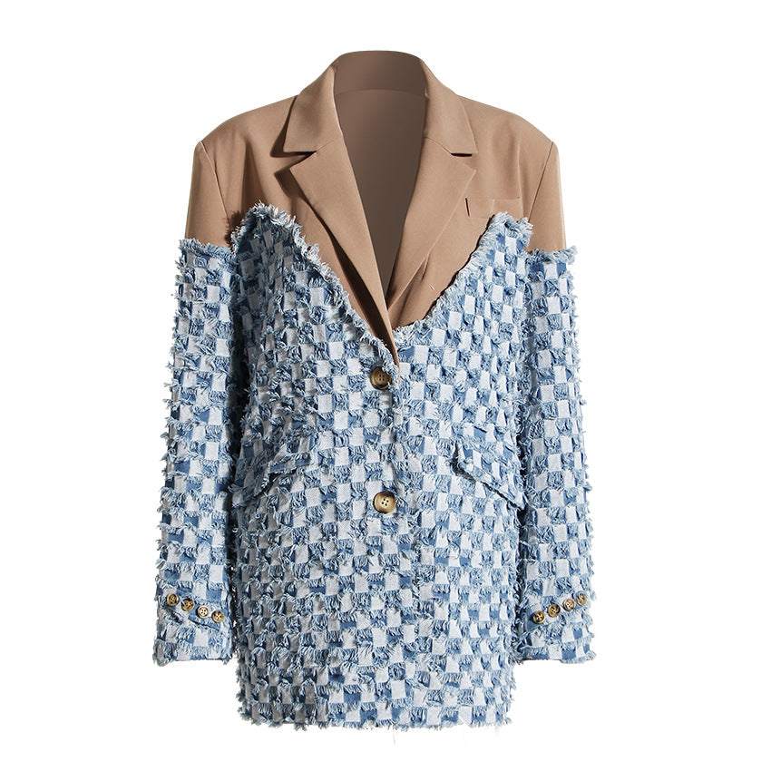 Maryangel Rebel frayed hem denim jacket featuring color contrast patchwork and plaid design.