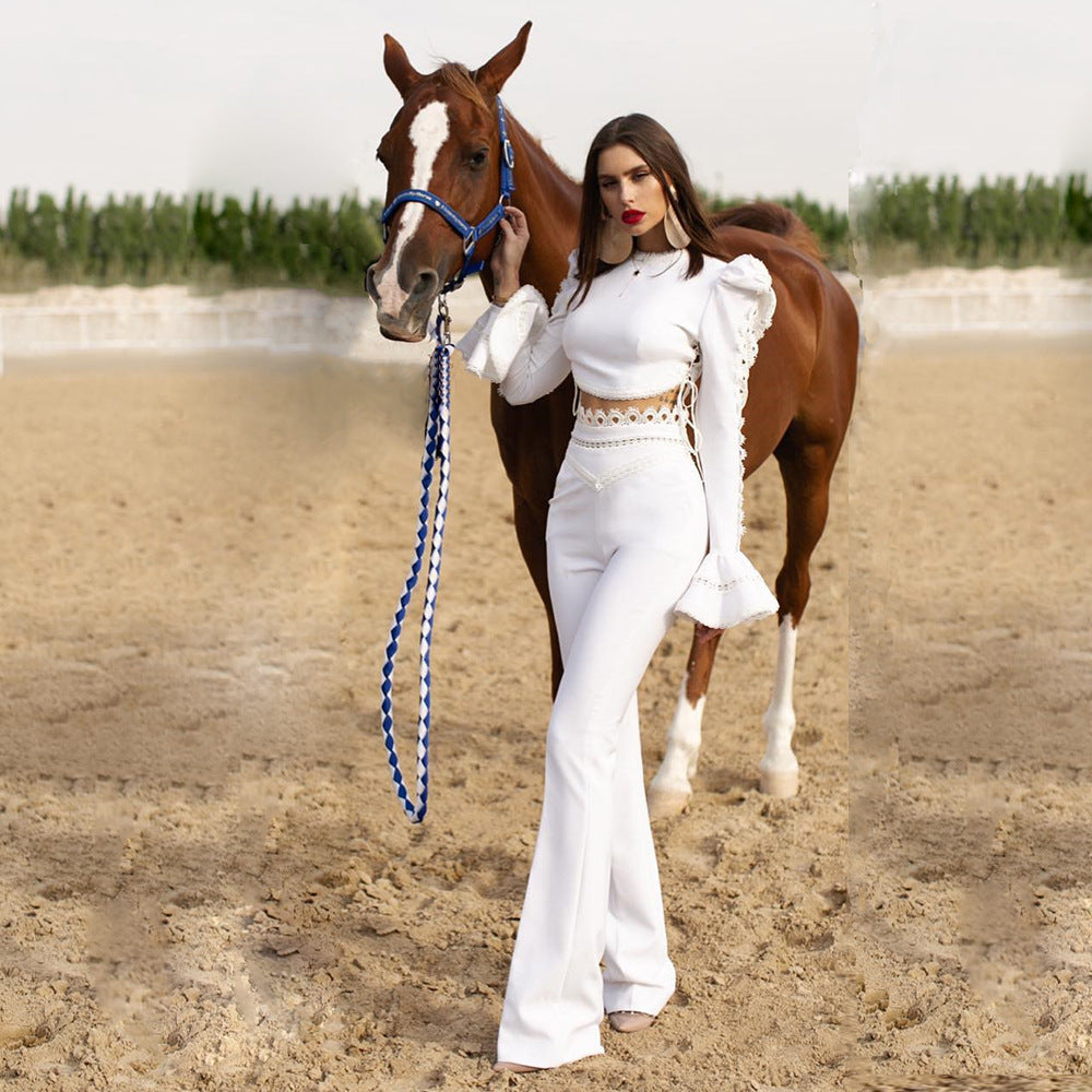 Women Tight Bandage Suit Long Sleeved Top Bell Bottom Pants Two Piece Set