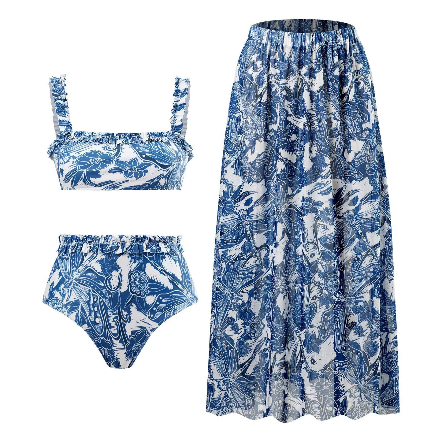 Maillot de bain rétro fendu trois pièces maillot de bain jupe de plage à lacets