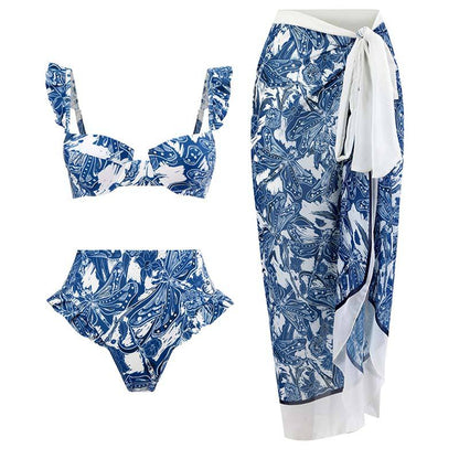 Maillot de bain rétro fendu trois pièces maillot de bain jupe de plage à lacets