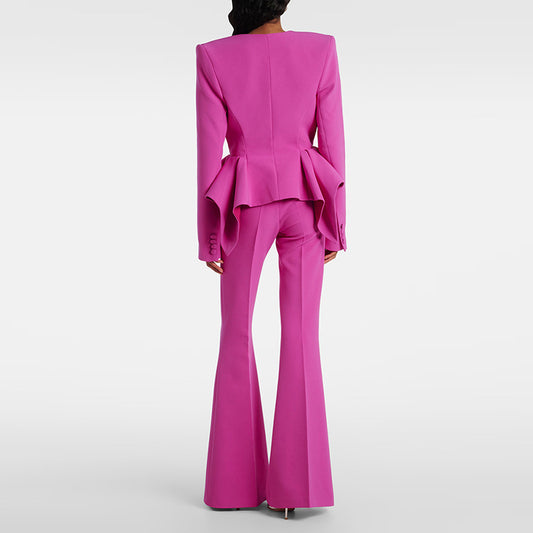 Designer Lotus Leaf Swing Slim Top Jacket Bootcut Pants Two Piece Set