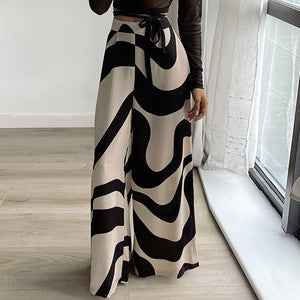 Plus Size Women Clothing Casual Striped Printed Elastic Waist Straight Pants