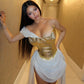 Spring Women Clothing Golden Bright Surface Mesh Stitching Ribbon Sexy Dress