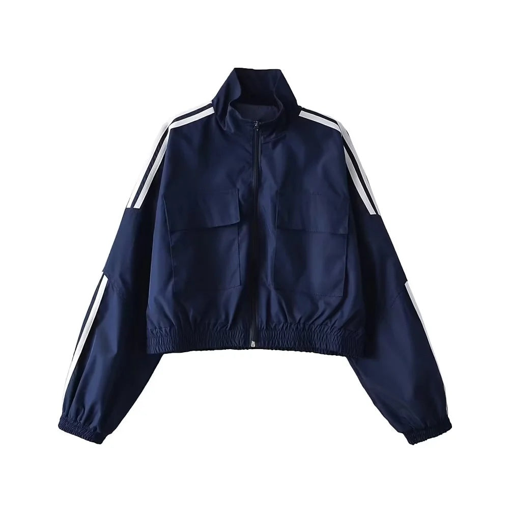 Col montant veste à glissière petit manteau rétro rue à manches longues trois barres couleur contraste taille courte serré Cardigan haut