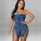 Abbigliamento primaverile da donna, abito in denim sexy con spalle scoperte e catena in rame