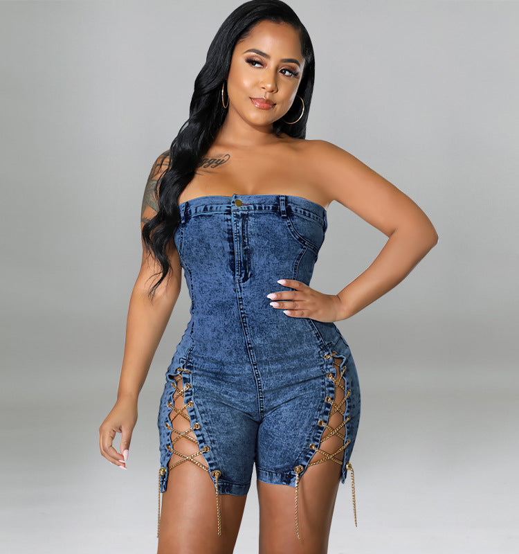 Abbigliamento primaverile da donna, abito in denim sexy con spalle scoperte e catena in rame