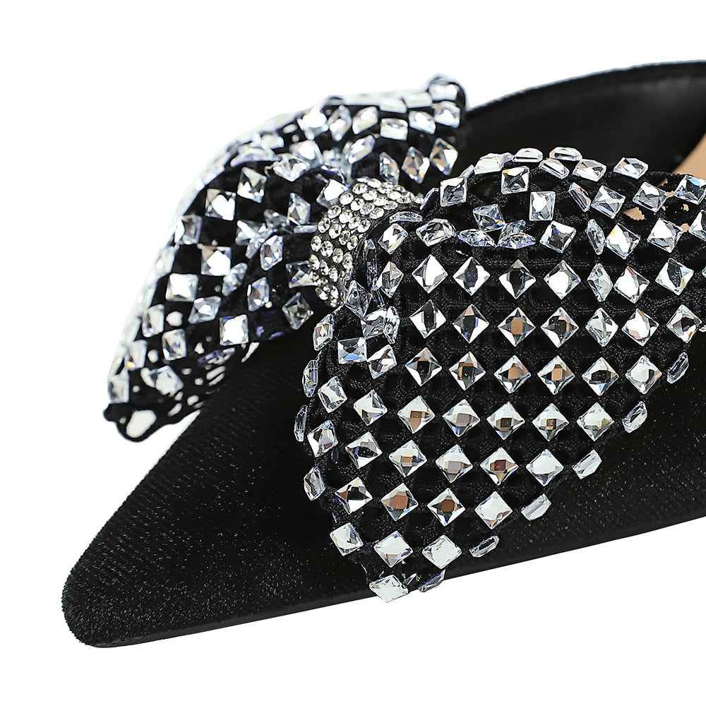 Super Large Rhinestone Bow Pointed Slip on Side Hollow Out Cutout Suede Pumps Women
